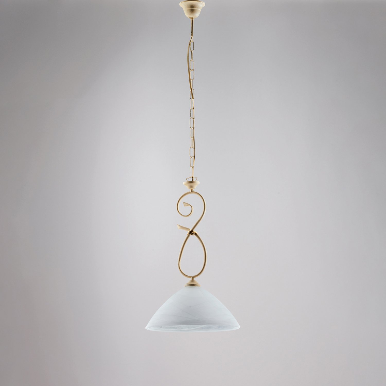 Sospensione 1 Luce Dallas Ferro Battuto Avorio Decapè Vetro Bianco BL217-S1-AV