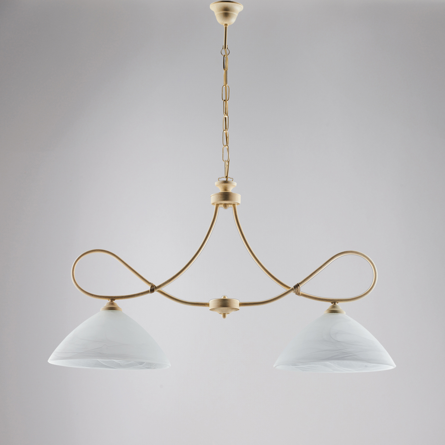 Bilanciere 2 Luci Dallas Ferro Battuto Avorio Decapè Vetro Bianco BL217-S2-AV
