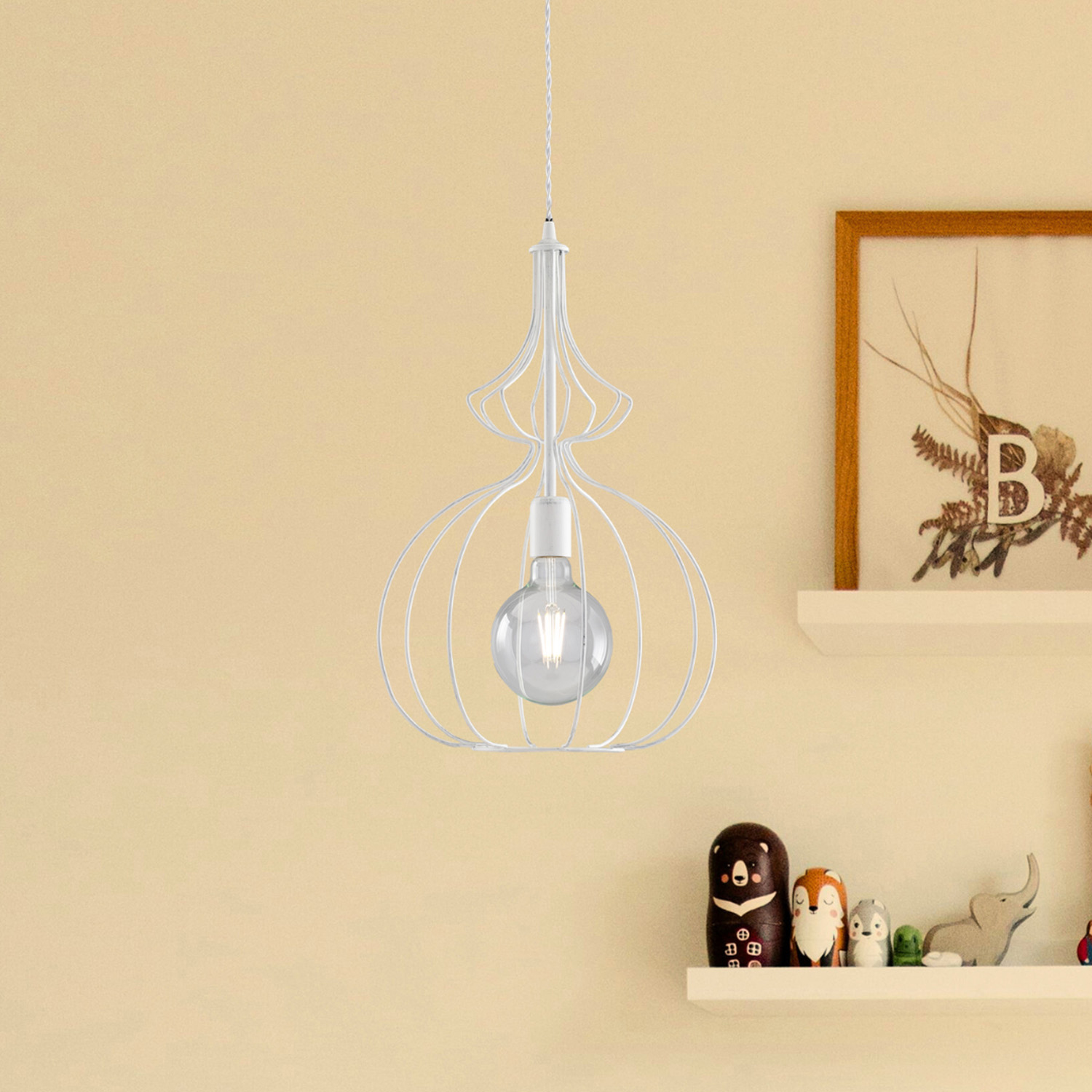 Sospensione Industrial 1Luce Olimpia Gabbia Ferro Laccato Bianco E Argento BL221-BA