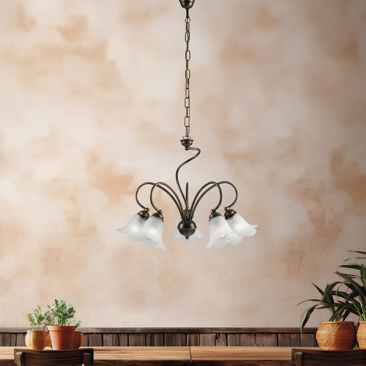 Lampadario 5 Luci Alice Ferro Battuto Marrone E Oro Vetro Bianco BL230-5-BR