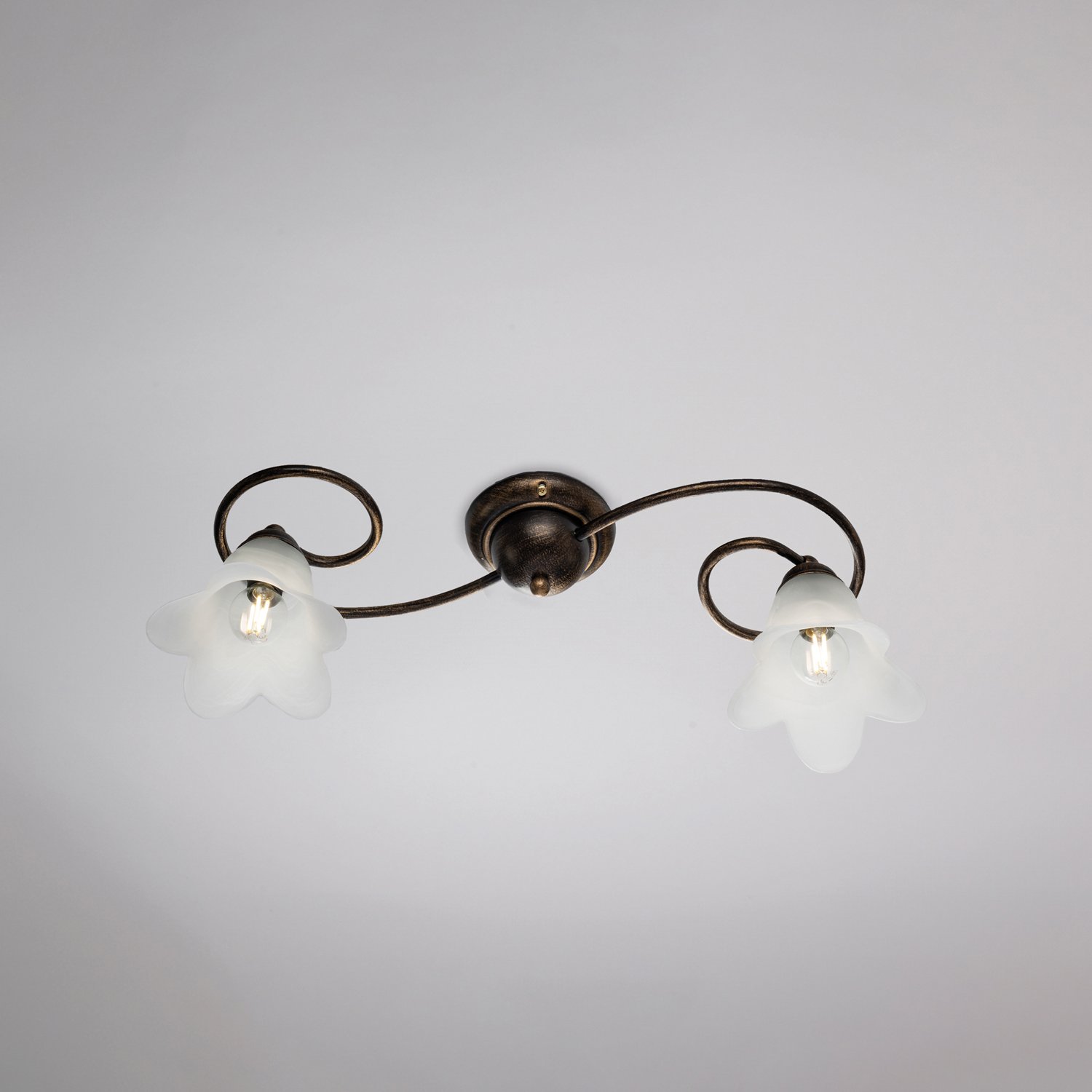 Plafoniera 2 Luci Alice Ferro Battuto Marrone E Oro Vetro Bianco BL230-PL2-BR