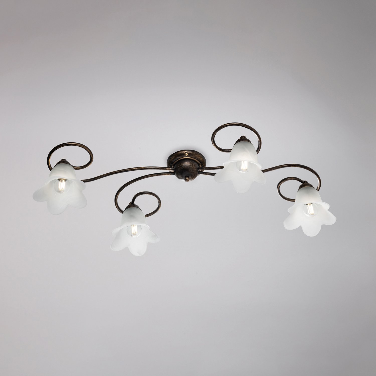 Plafoniera 4 Luci Alice Ferro Battuto Marrone E Oro Vetro Bianco BL230-PL4-BR