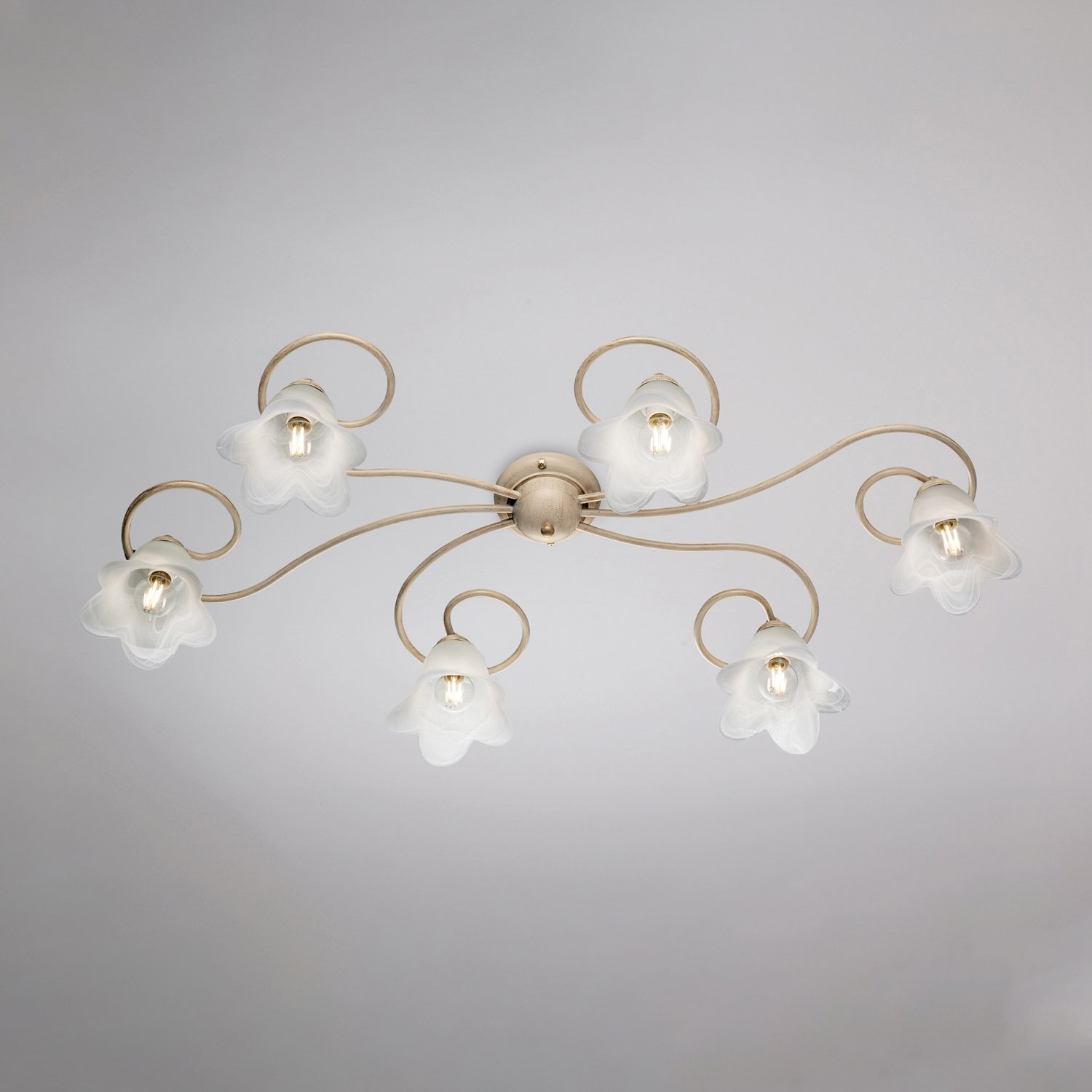Plafoniera 6 Luci Alice Ferro Battuto Avorio E Oro Vetro Bianco BL230-PL6-AV