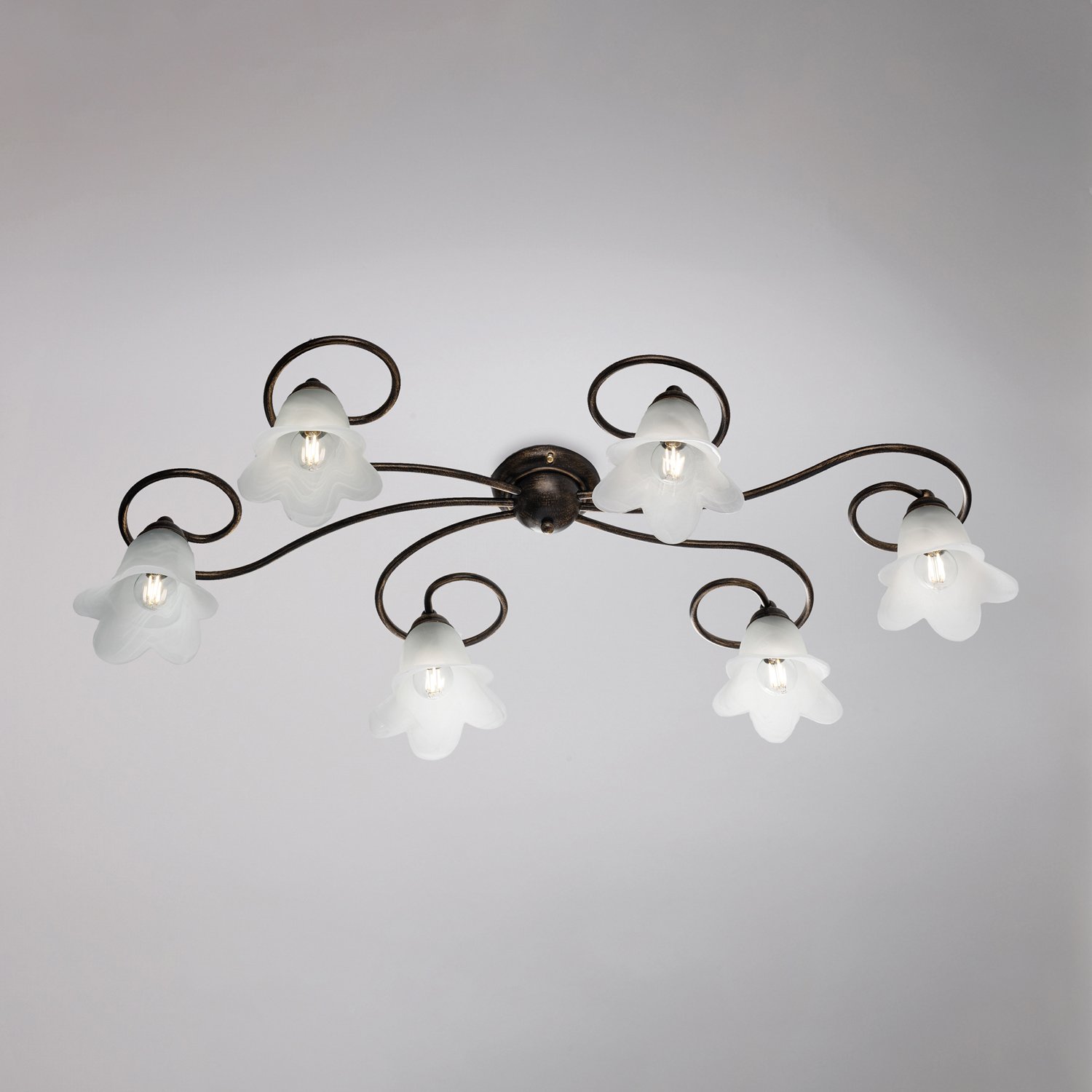 Plafoniera 6 Luci Alice Ferro Battuto Marrone E Oro Vetro Bianco BL230-PL6-BR