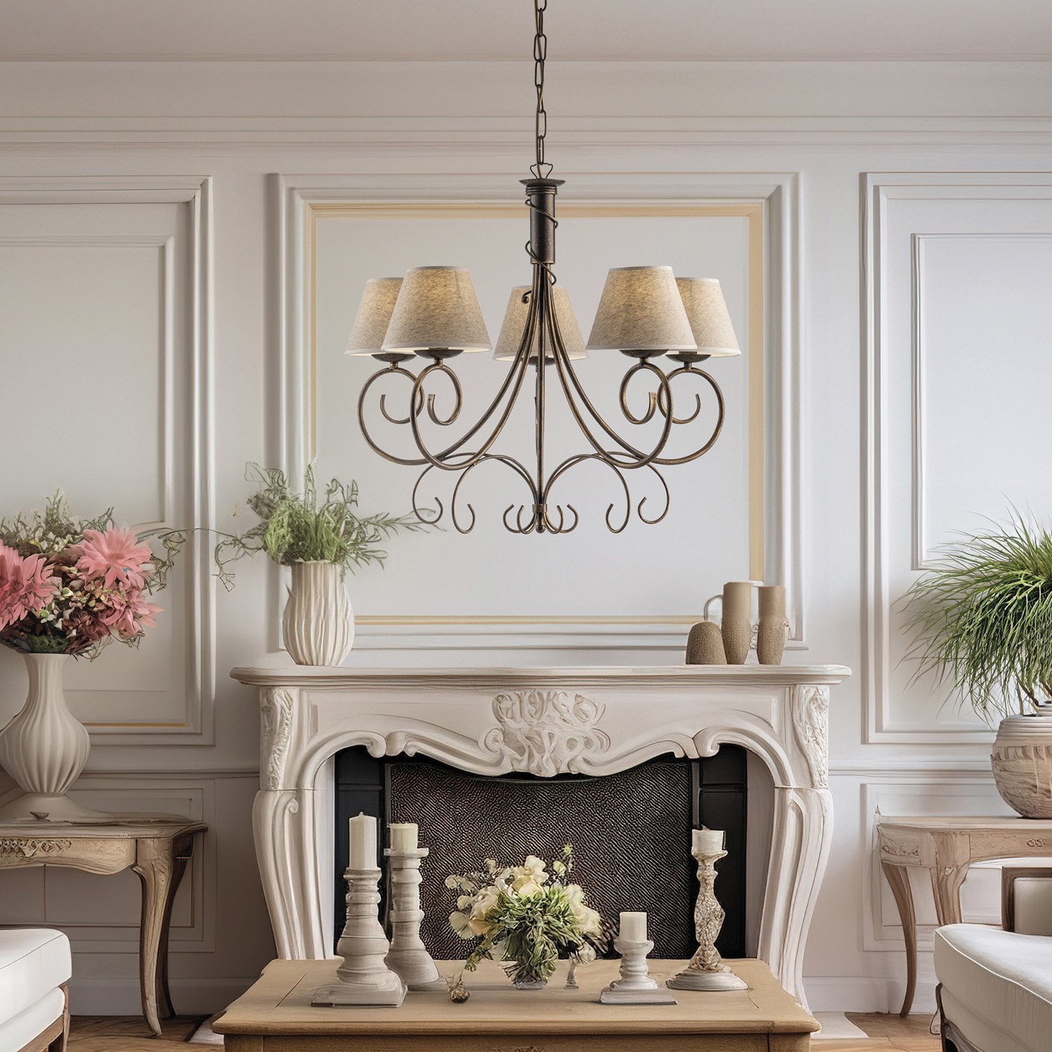 Lampadario 5 Luci Vienna Ferro Marrone E Oro Con Paralumi In Pvc BL258-5-BR