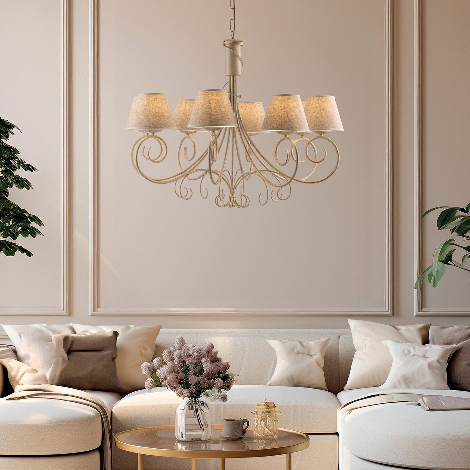 Lampadario 8 Luci Vienna Ferro Avorio E Oro Con Paralumi In Pvc BL258-8-AV
