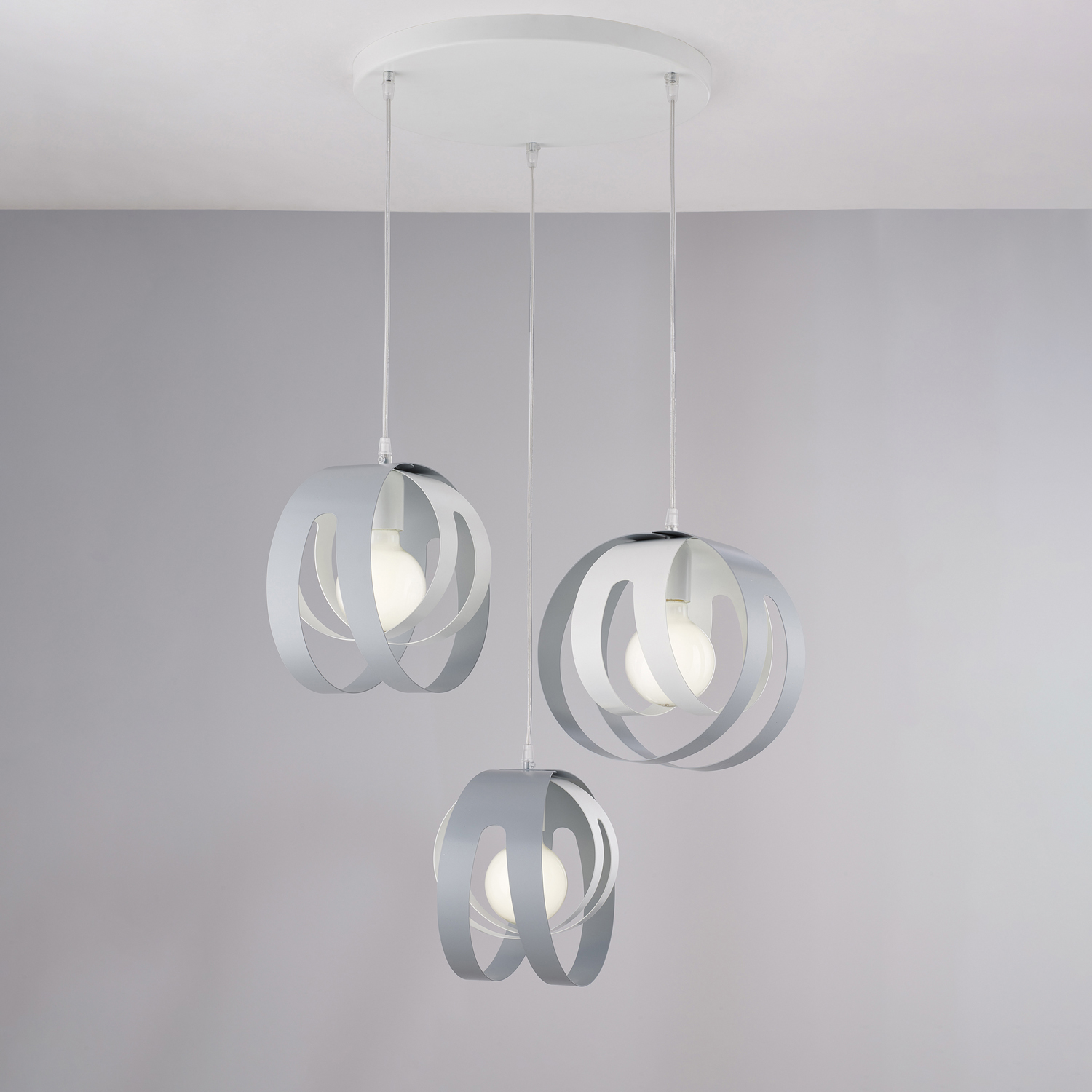 Sospensione 3 Luci Tobias Ferro Laccato Bianco E Grigio Taglio Laser BL302-S3-BG