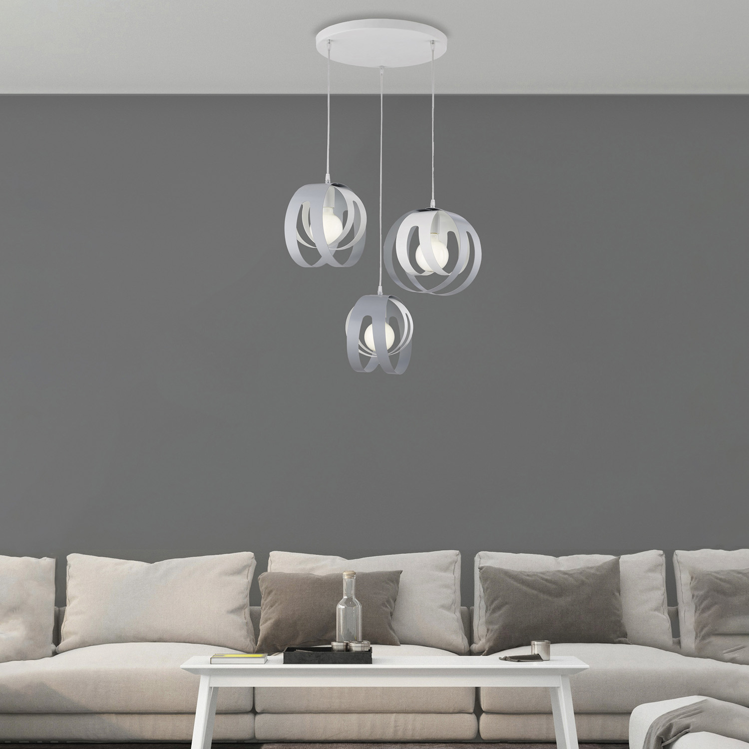 Sospensione 3 Luci Tobias Ferro Laccato Bianco E Grigio Taglio Laser BL302-S3-BG