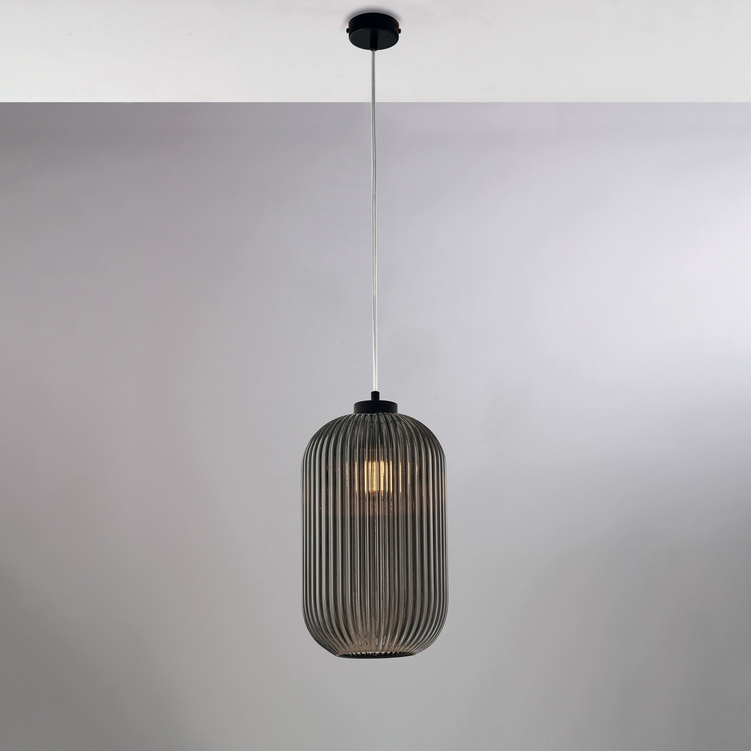 Sospensione 1 Luce Krizia In Ferro Nero Vetro Grigio Specchiato Effetto Plisse' BL310-S1-SP