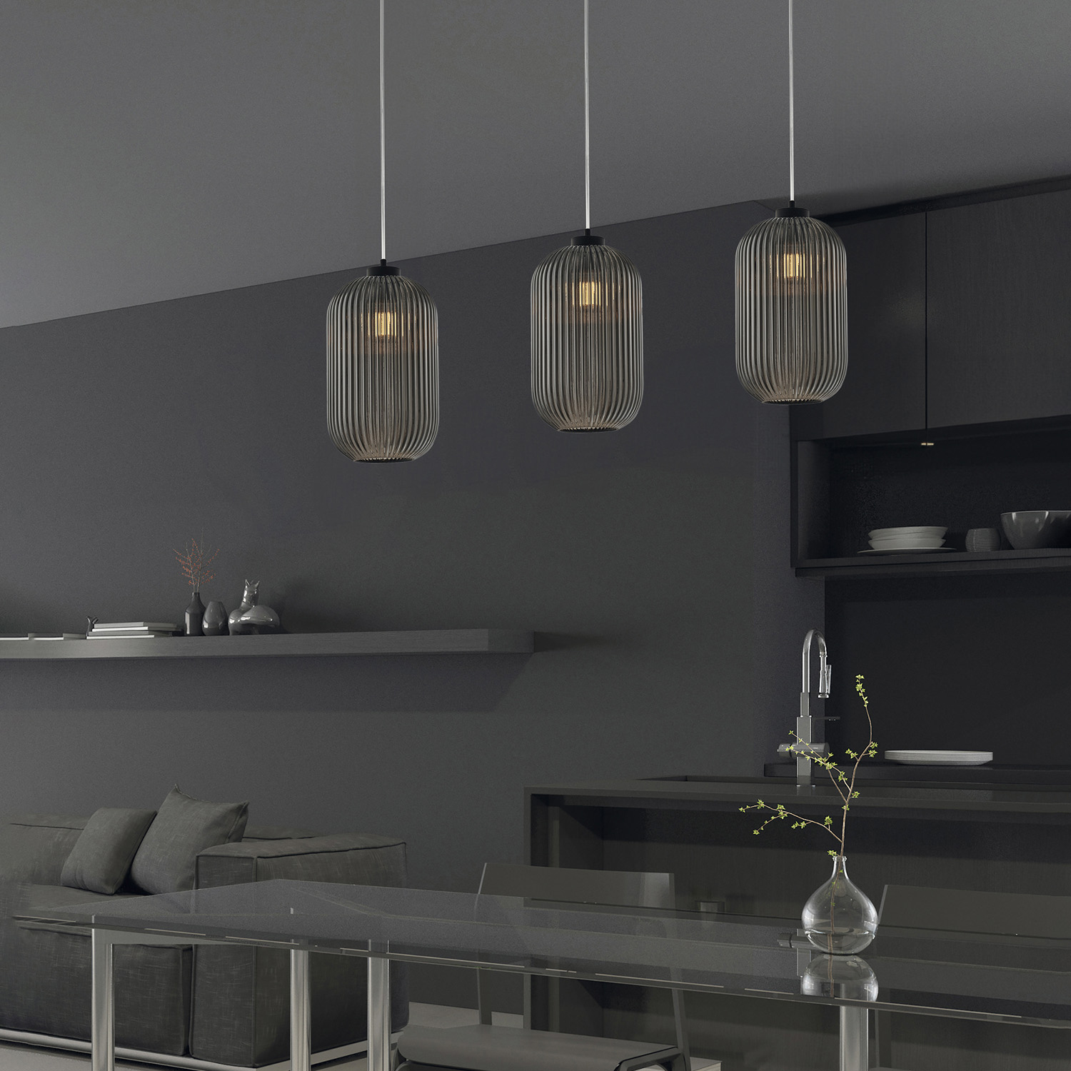 Sospensione 1 Luce Krizia In Ferro Nero Vetro Grigio Specchiato Effetto Plisse' BL310-S1-SP