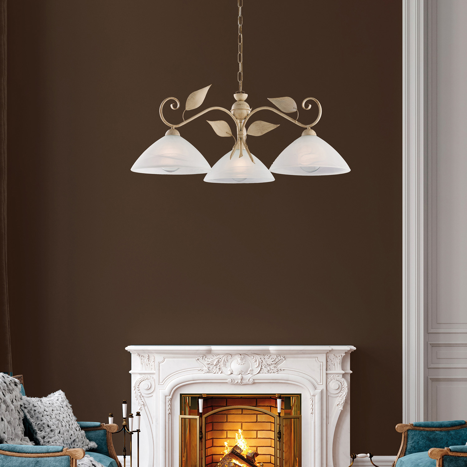 Lampadario Classico Esse 3 Luci Ferro Battuto E Vetro Avorio E Oro BL313-3-AV