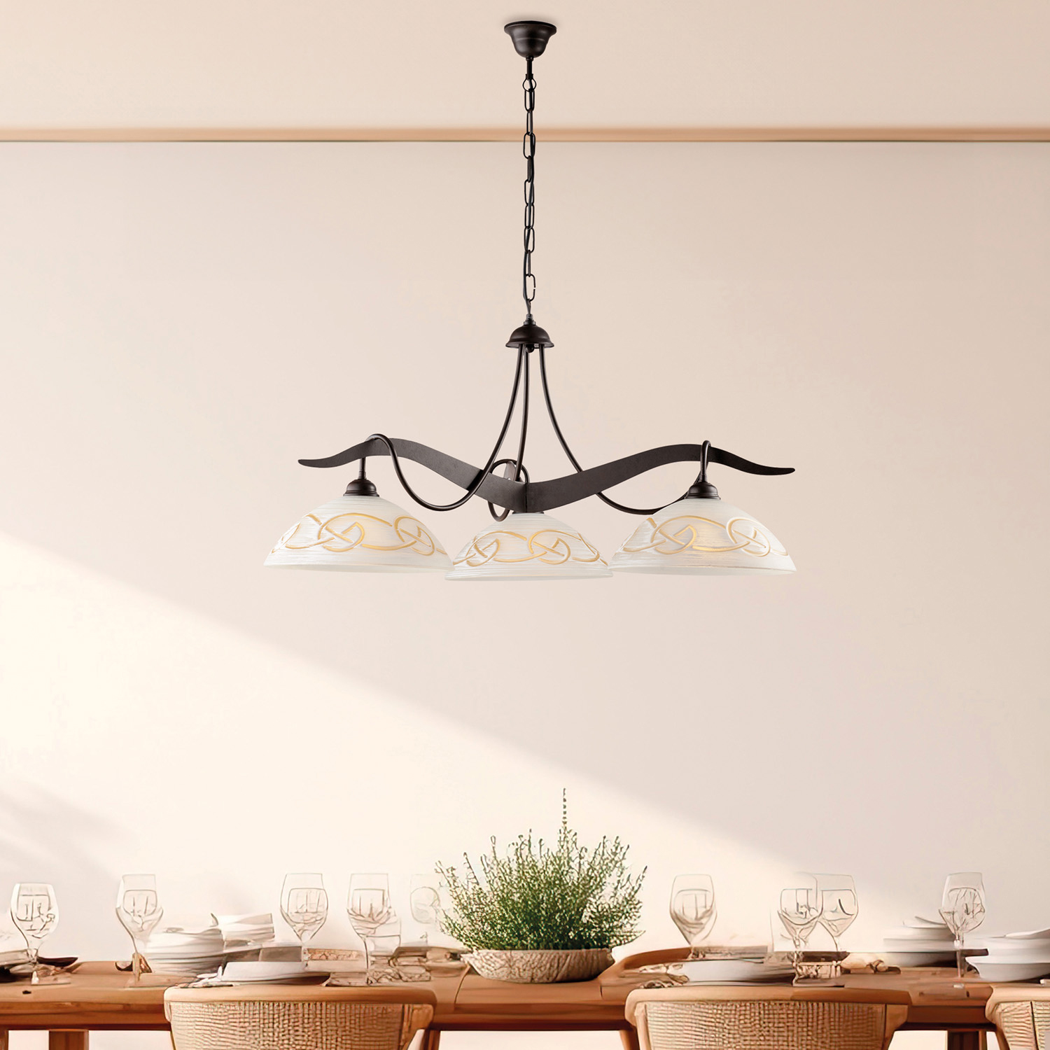 Sospensione 3 Luci Bilbao In Ferro Laccato Nero Ruggine E Vetro Bianco Ambra BL324-3-RG