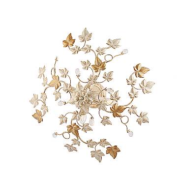 Plafoniera Shabby Edera 4 Luci Ferro Battuto Avorio Oro Con Foglie E Cristalli
