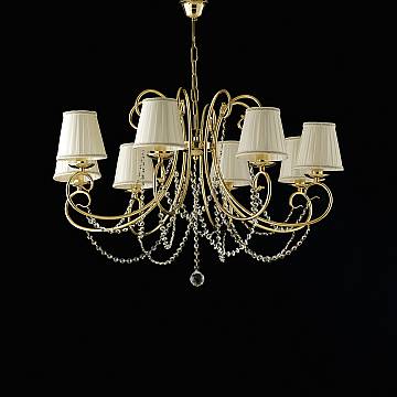 Lampadario Shabby Chic Magda Metallo E Cristallo Oro 8 Luci E14 Con Paralume