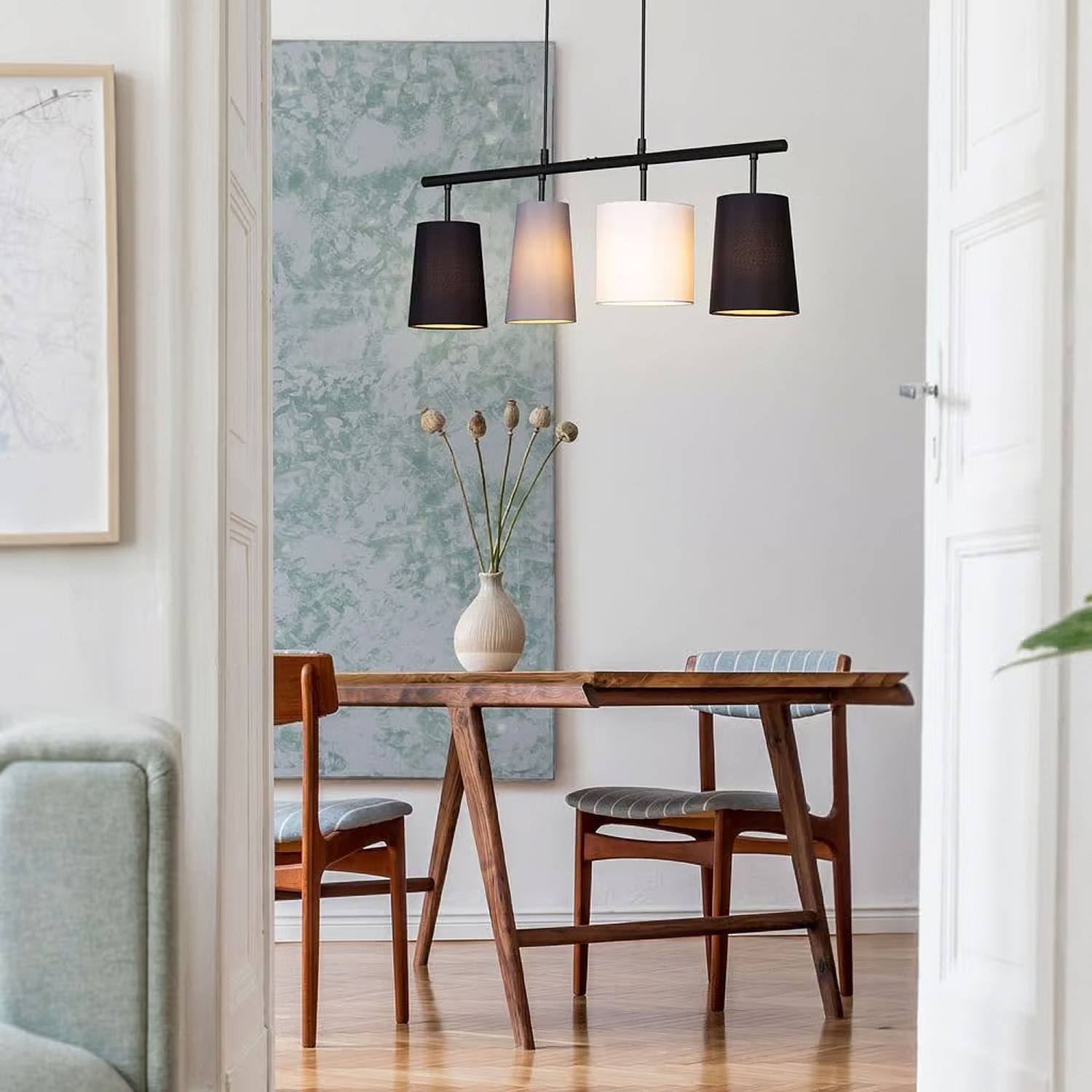 Lampadario Contemporaneo Textile Metallo Nero Paralume Tessuto 4 Luci E27 4025045