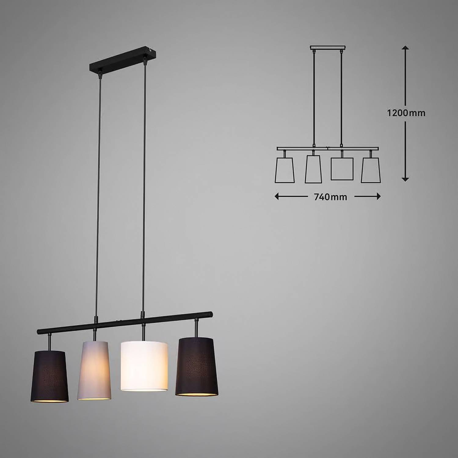 Lampadario Contemporaneo Textile Metallo Nero Paralume Tessuto 4 Luci E27 4025045