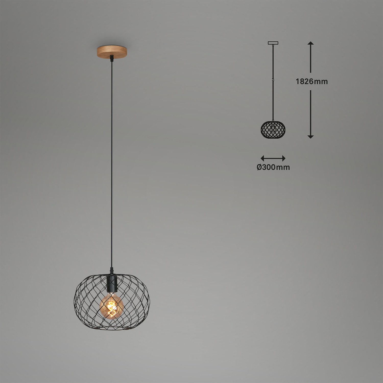 Lampada A Sospensione Vintage Winki Legno Marrone Metallo Nero 1 Luce E27 D.30 4037015