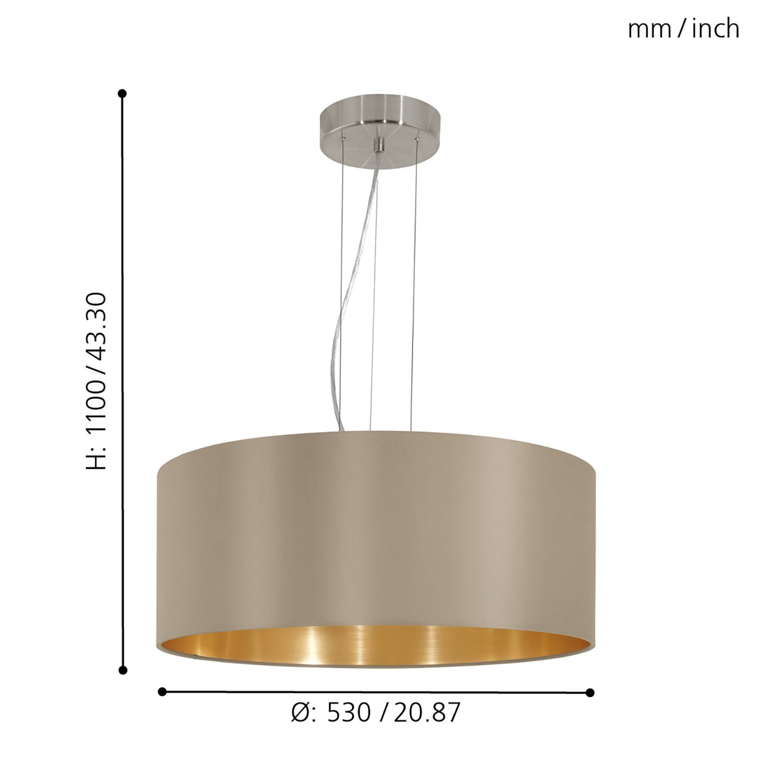 Lampadario A Sospensione Contemporaneo Maserlo Acciaio Nichel Tortora 3 Luci E27 31607
