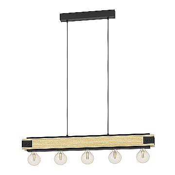 Lampadario A Sospensione Vintage Layham Metallo Nero Legno 5 Luci E27