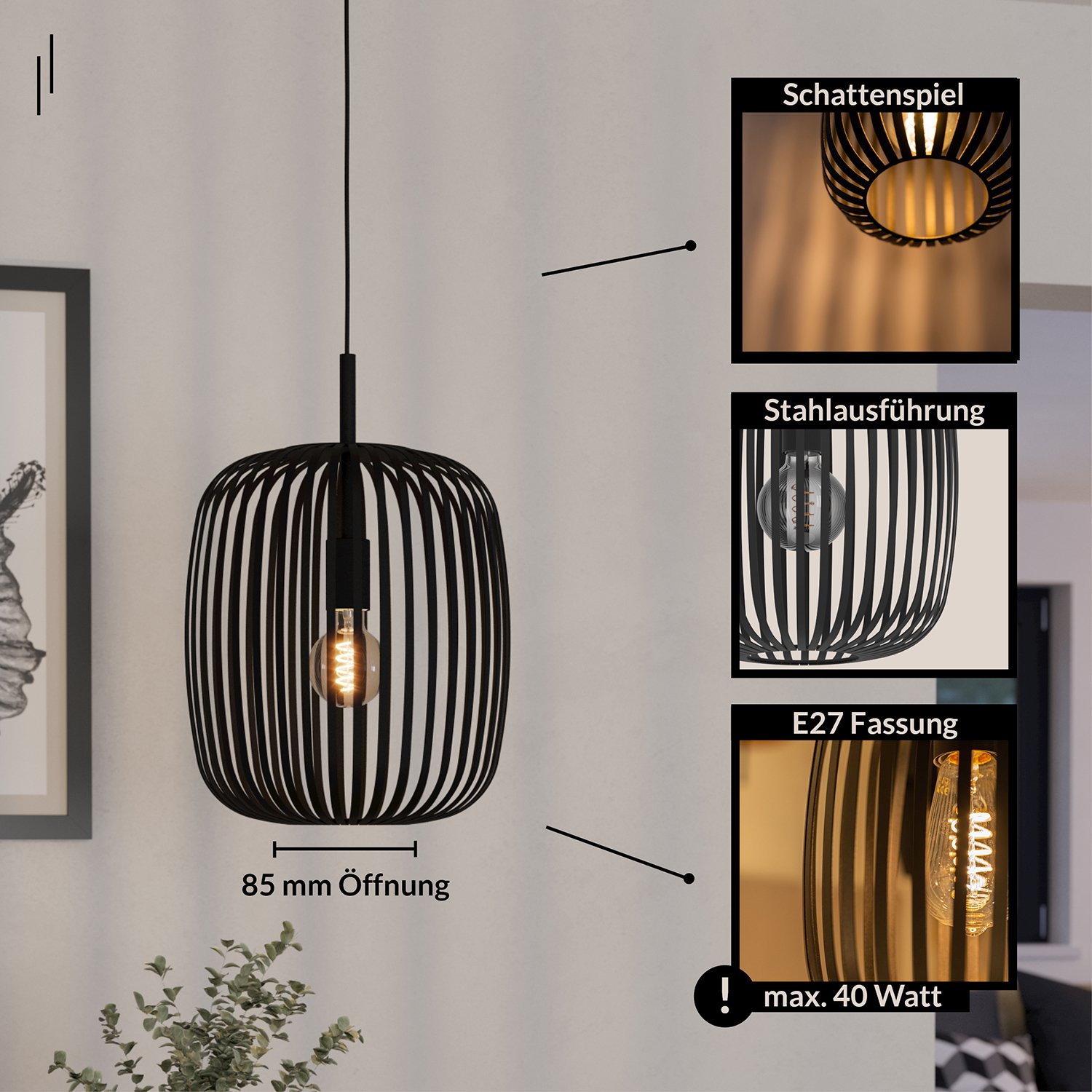 Lampadario A Sospensione Minimal Romazzina Acciaio Nero 1 Luce E27 900494