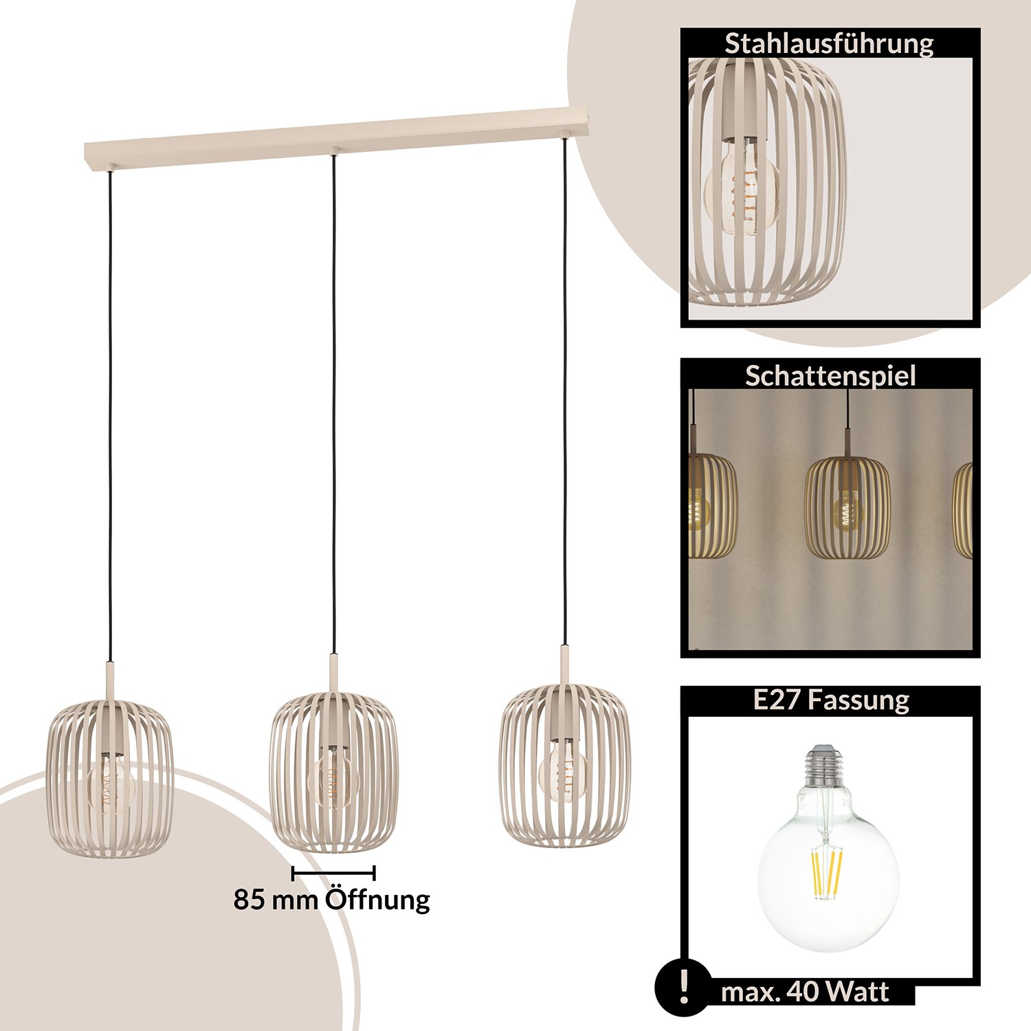 Lampadario A Sospensione Minimal Romazzina Lineare Acciaio Sabbia 3 Luci E27 900497