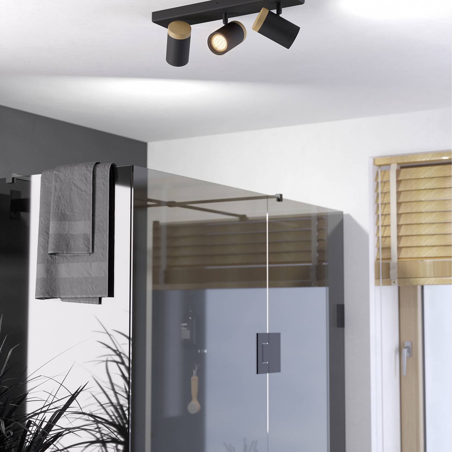 Faretti E Spot Moderno Consuma Metallo Nero Legno Marrone 3 Luci Gu10 Ip44 300002