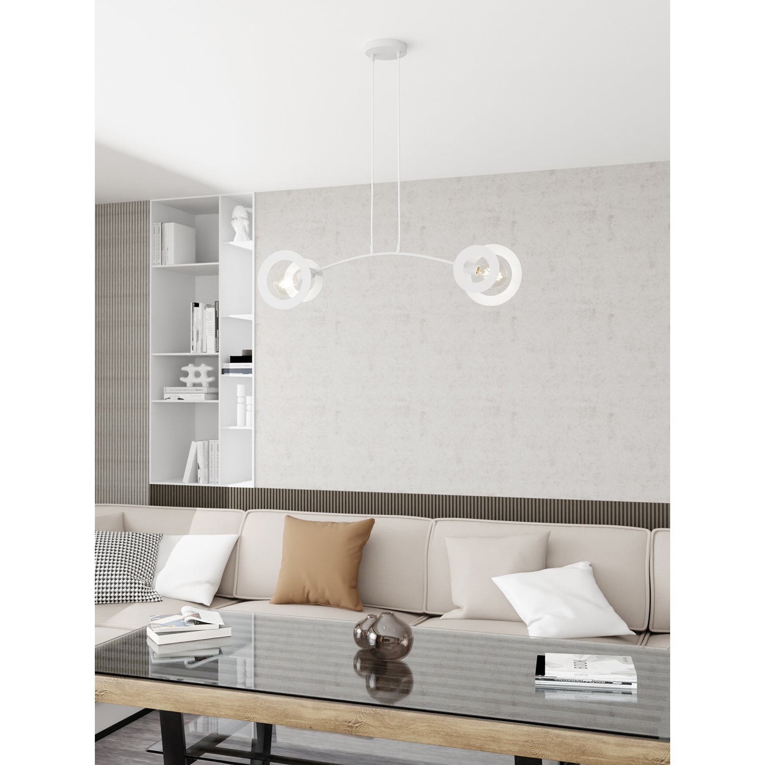 Lampadario 2 Luci Djehuty Acciaio Bianco Bracci Diffusori Doppio Cerchio 1414/2