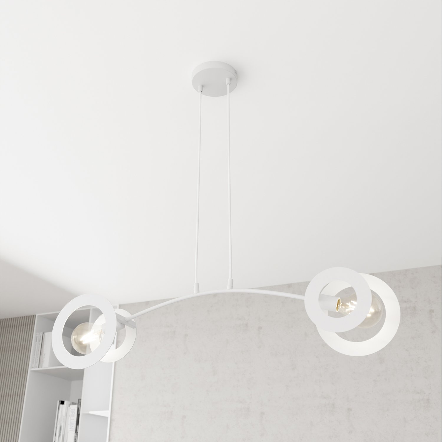 Lampadario 2 Luci Djehuty Acciaio Bianco Bracci Diffusori Doppio Cerchio 1414/2
