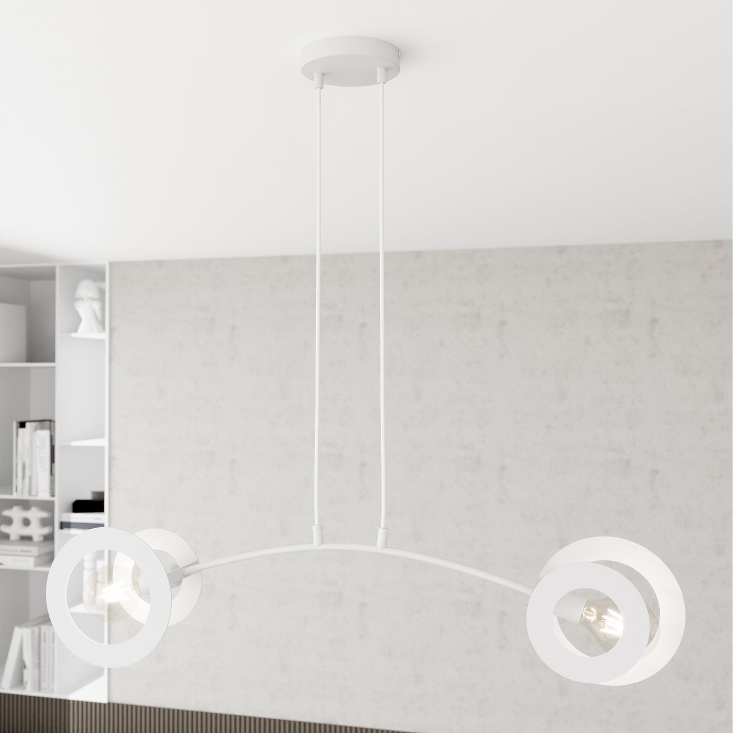 Lampadario 2 Luci Djehuty Acciaio Bianco Bracci Diffusori Doppio Cerchio 1414/2