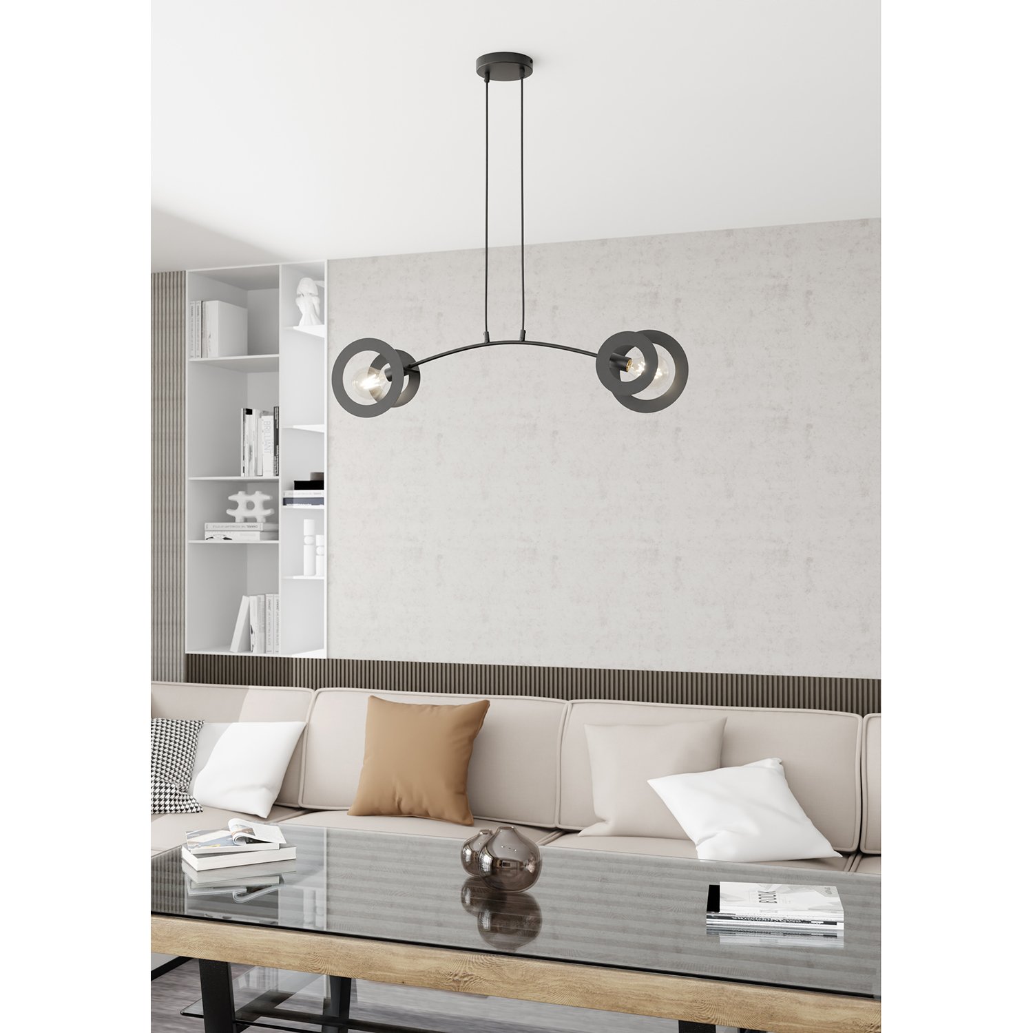 Lampadario 2 Luci Usir Acciaio Nero Bracci Diffusori A Doppio Cerchio 1413/2