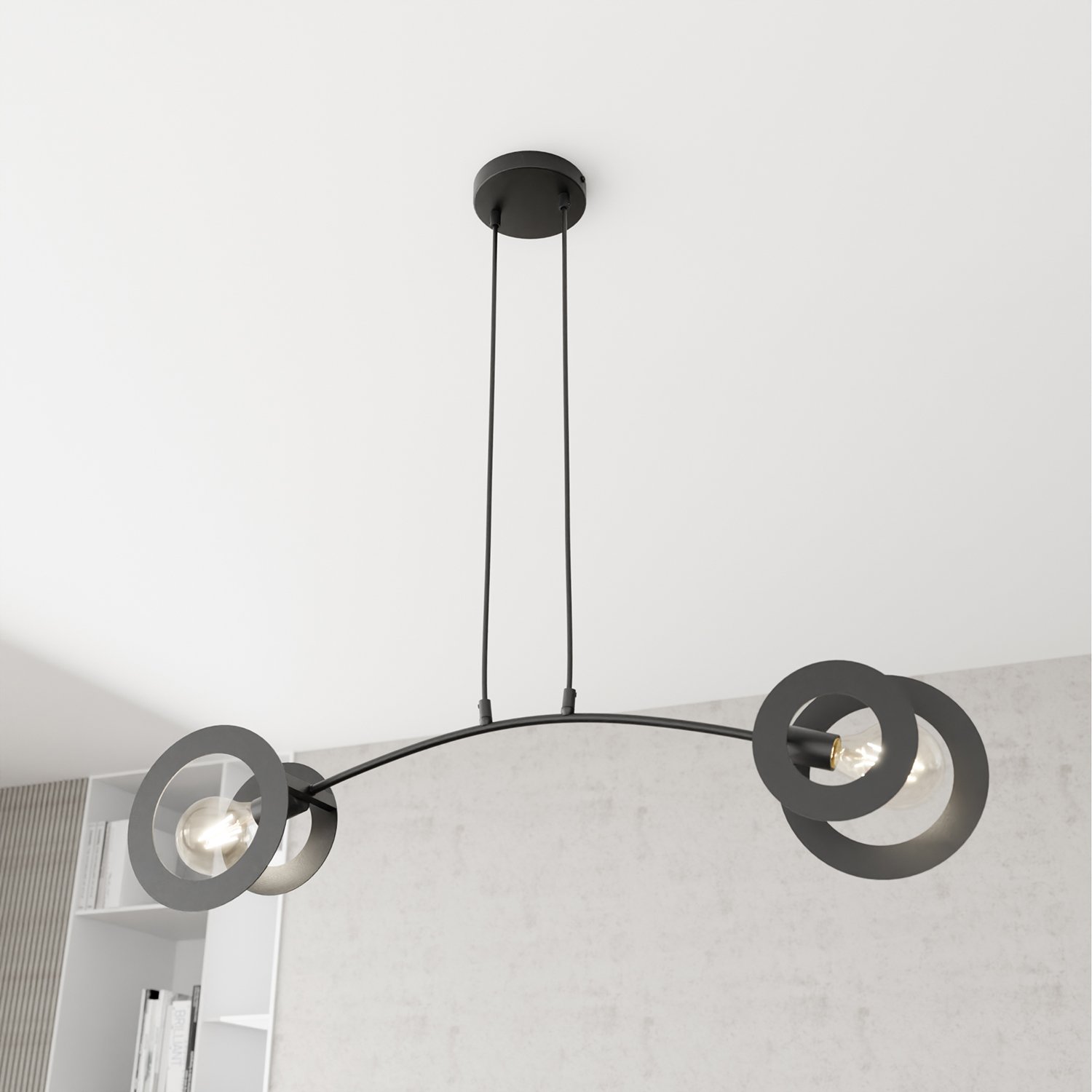 Lampadario 2 Luci Usir Acciaio Nero Bracci Diffusori A Doppio Cerchio 1413/2