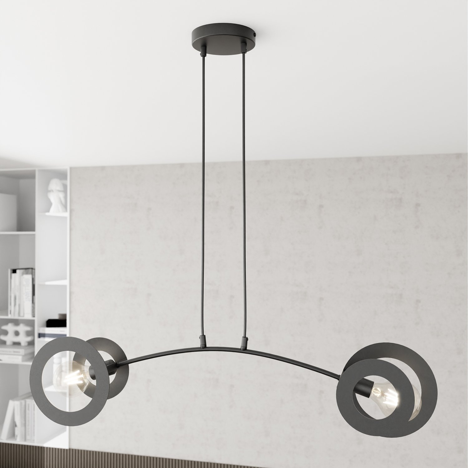 Lampadario 2 Luci Usir Acciaio Nero Bracci Diffusori A Doppio Cerchio 1413/2