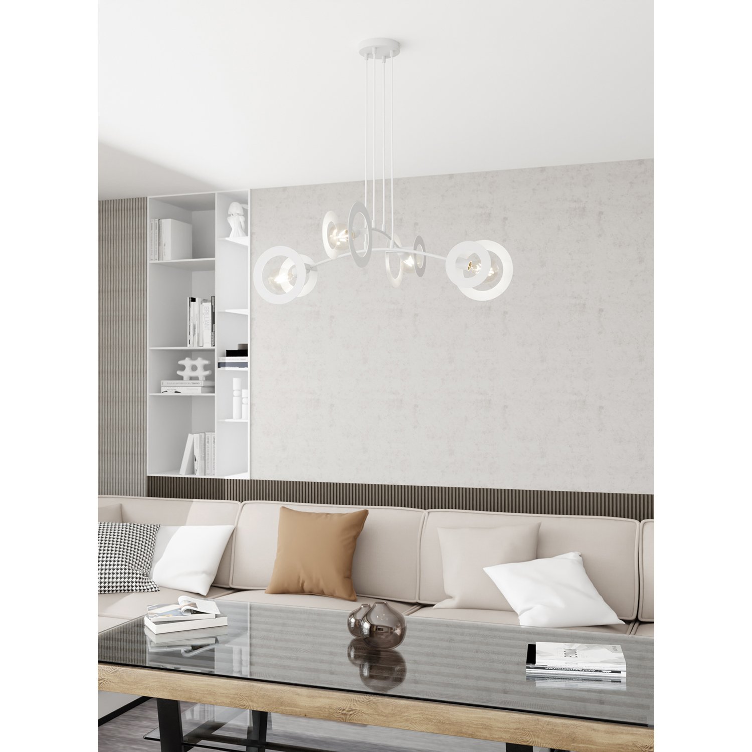 Lampadario 4 Luci Djehuty Acciaio Bianco Bracci Diffusori Doppio Cerchio 1414/4