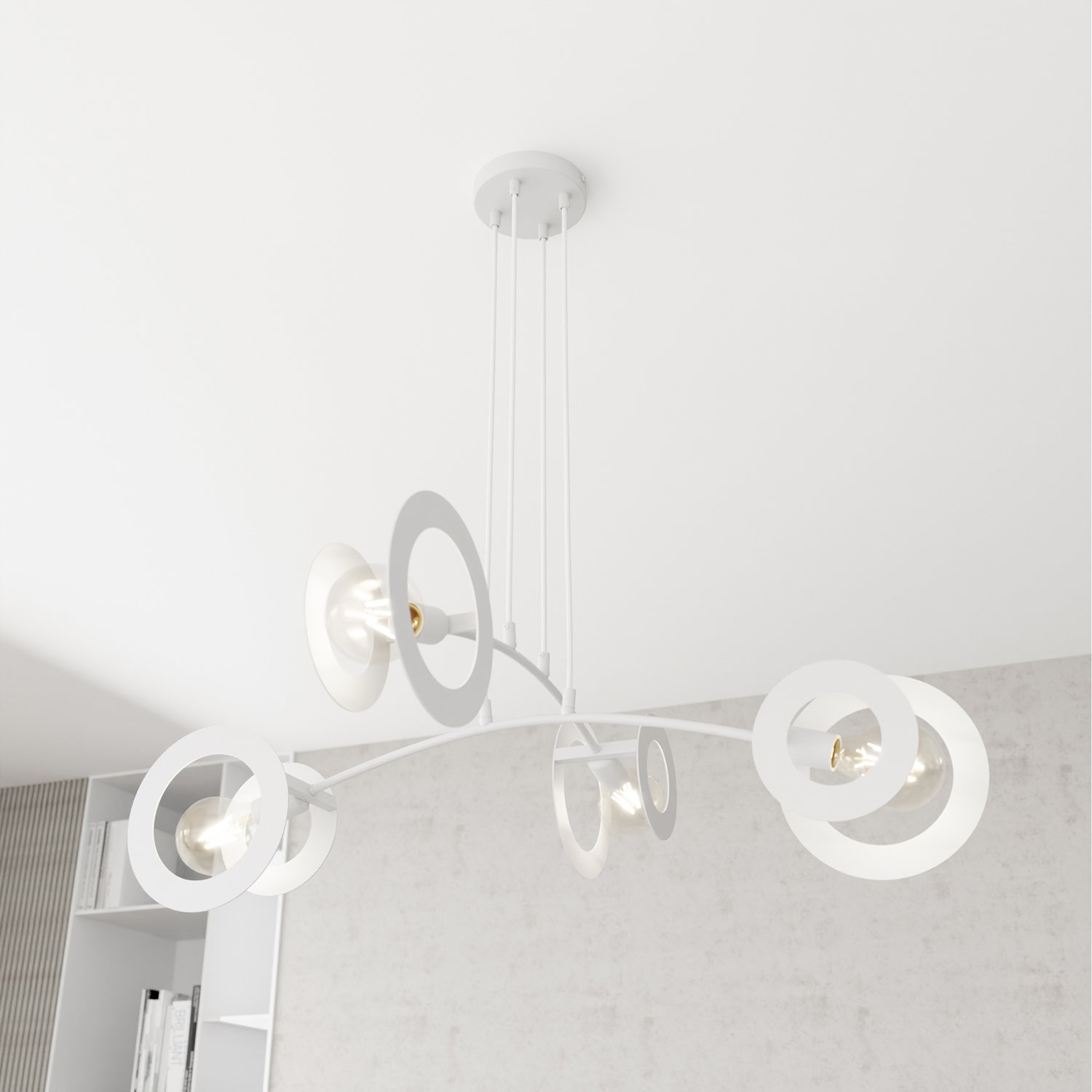 Lampadario 4 Luci Djehuty Acciaio Bianco Bracci Diffusori Doppio Cerchio 1414/4