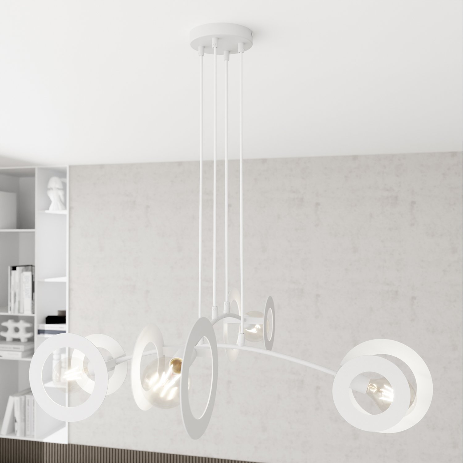 Lampadario 4 Luci Djehuty Acciaio Bianco Bracci Diffusori Doppio Cerchio 1414/4
