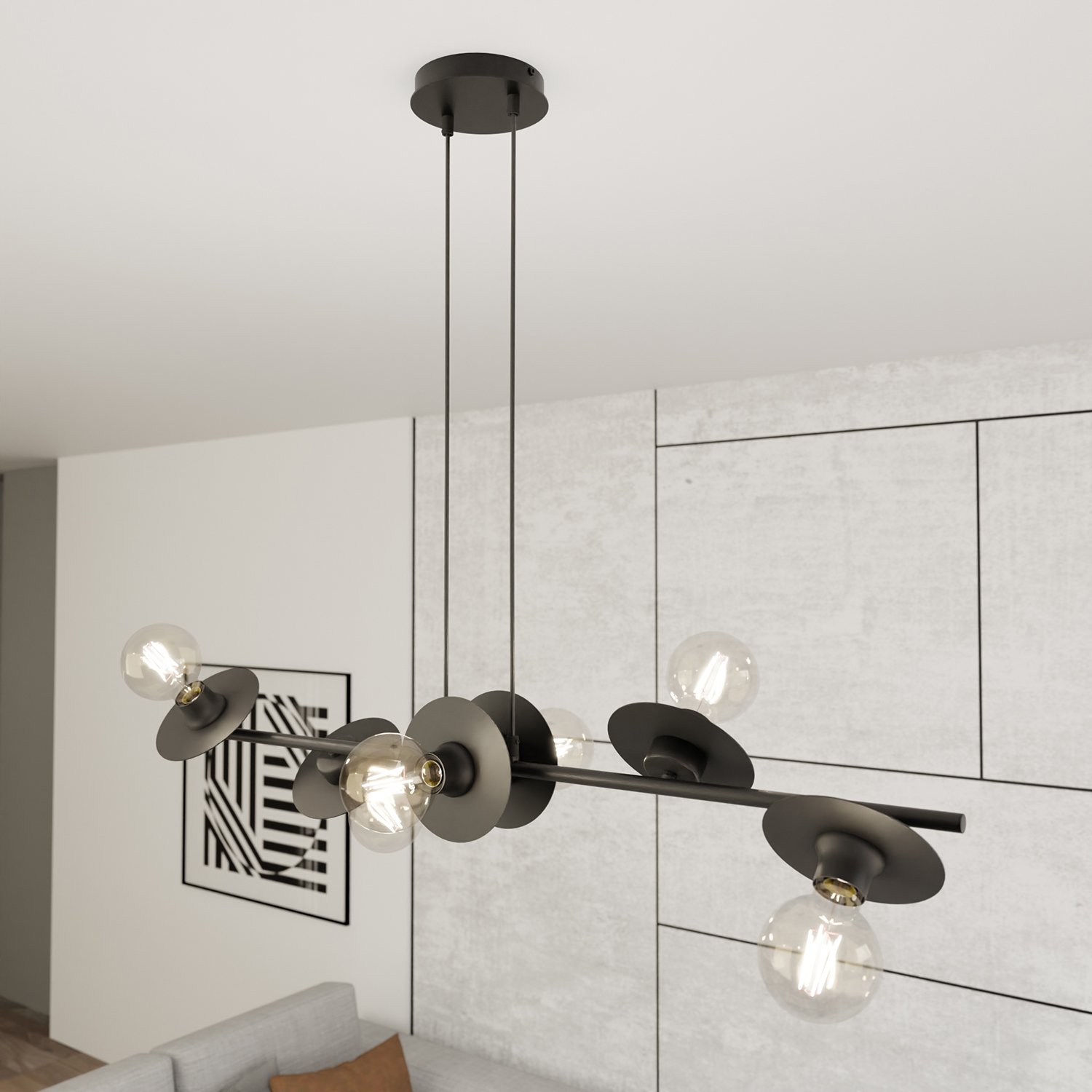 Lampadario 6 Luci Djehuty In Acciaio Nero Con Barra E Diffusori A Piatti 1426/6