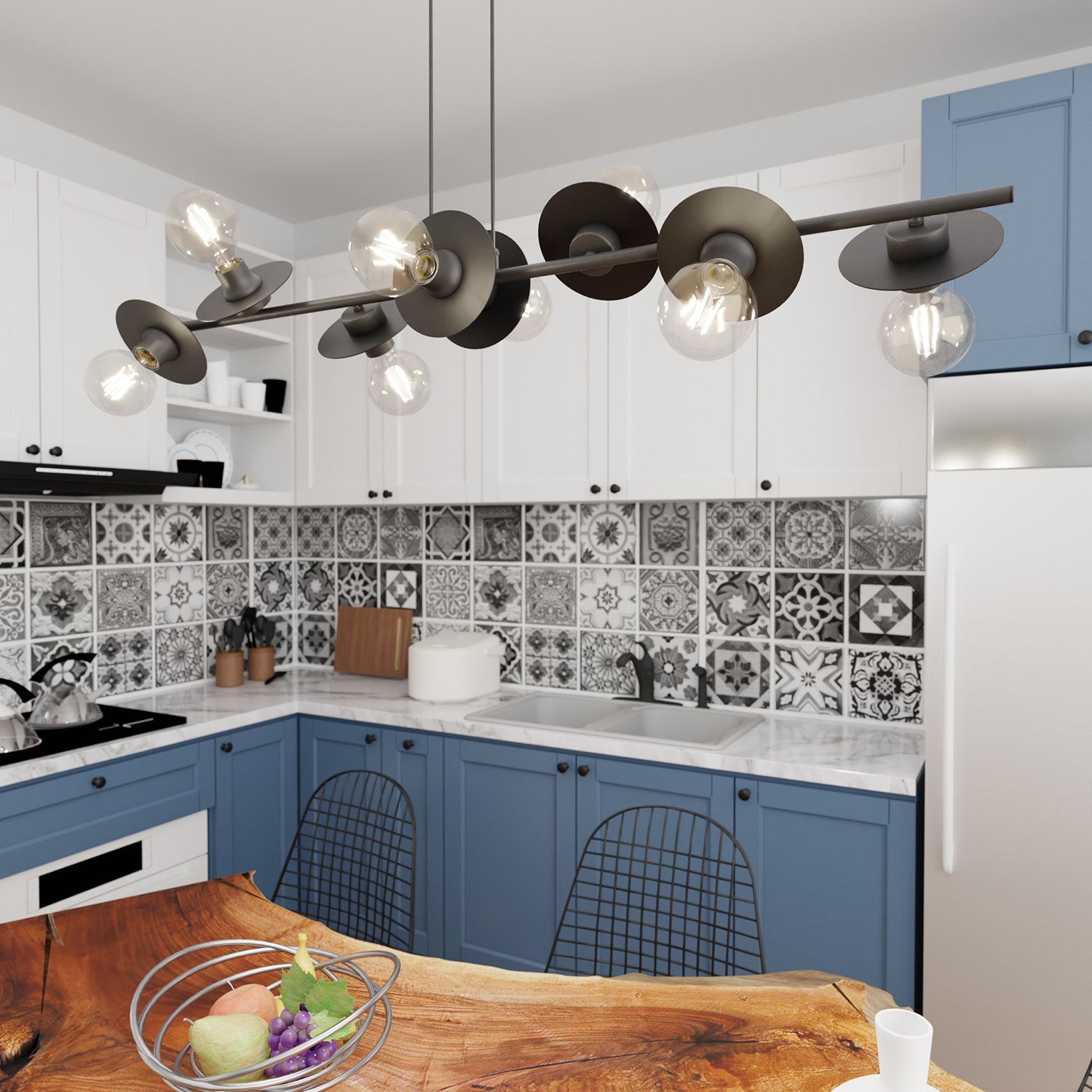 Lampadario 8 Luci Djehuty In Acciaio Nero Con Barra E Diffusori A Piatti 1426/8
