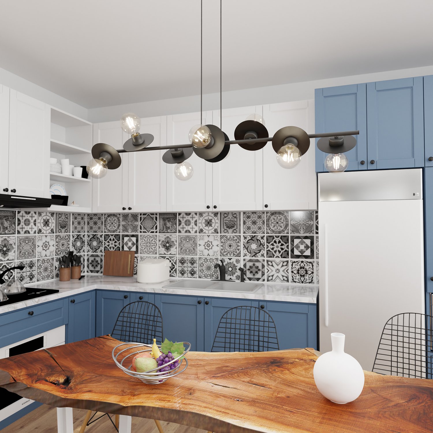 Lampadario 8 Luci Djehuty In Acciaio Nero Con Barra E Diffusori A Piatti 1426/8