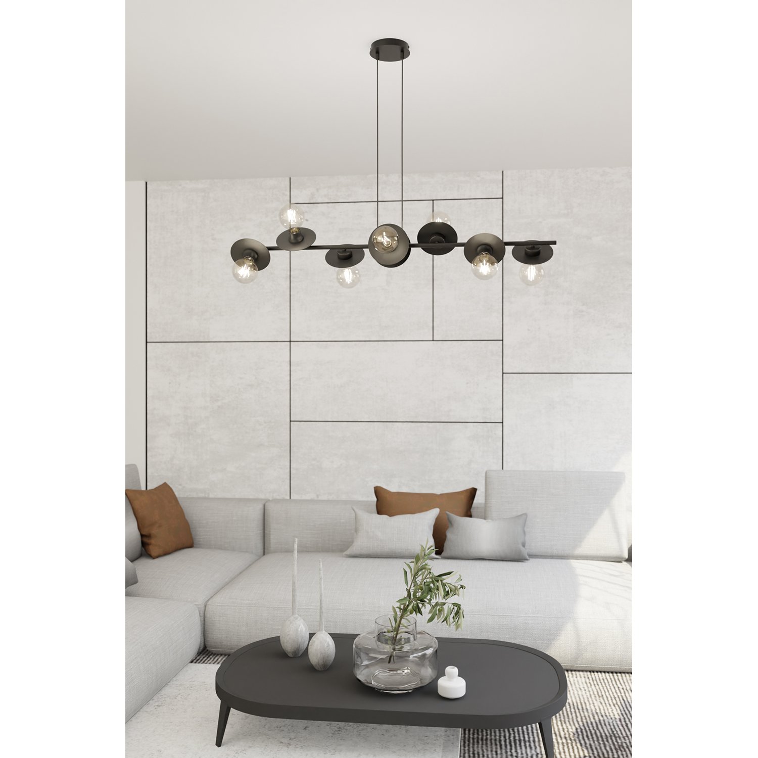 Lampadario 8 Luci Djehuty In Acciaio Nero Con Barra E Diffusori A Piatti 1426/8