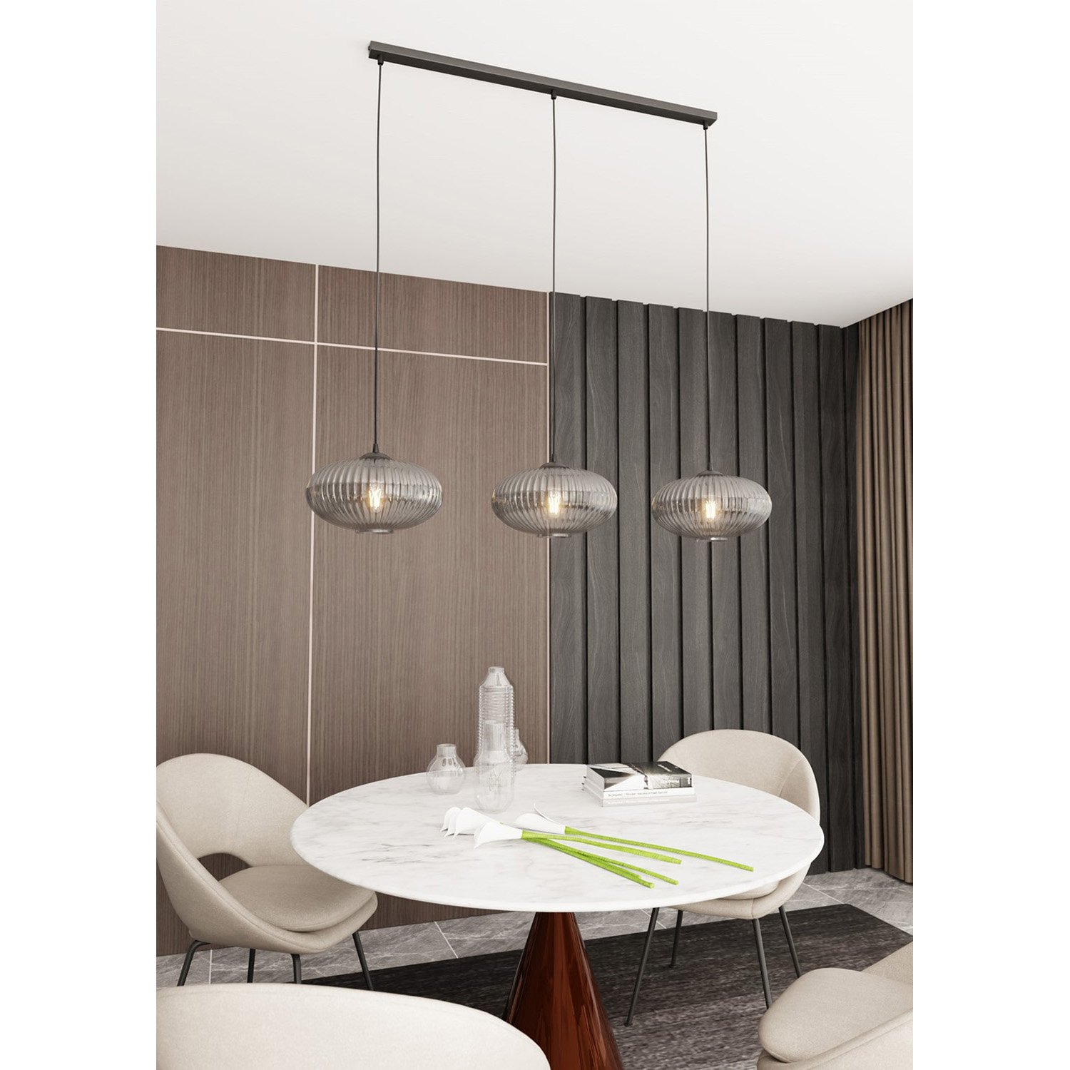 Lampadario 3 Luci Suchos In Acciaio Nero Paralume Plissettato Fumè 1377/3
