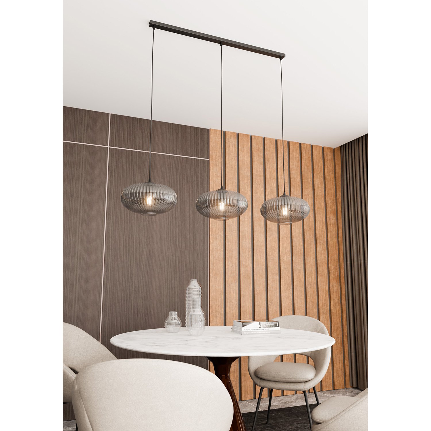 Lampadario 3 Luci Suchos In Acciaio Nero Paralume Plissettato Fumè 1377/3