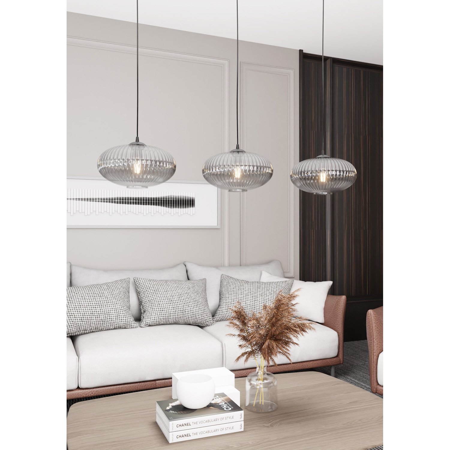 Lampadario 3 Luci Suchos In Acciaio Nero Paralume Plissettato Fumè 1377/3