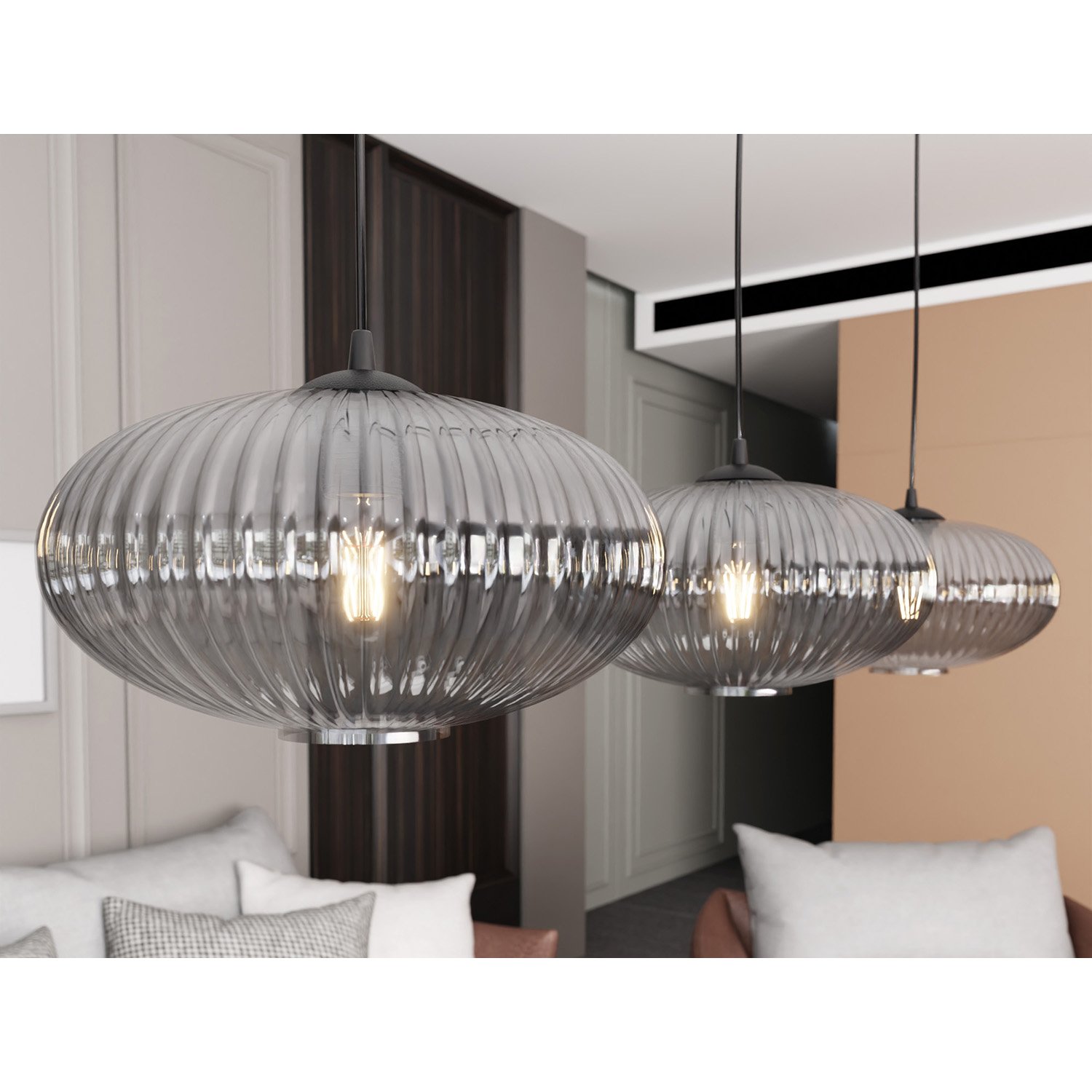 Lampadario 3 Luci Suchos In Acciaio Nero Paralume Plissettato Fumè 1377/3