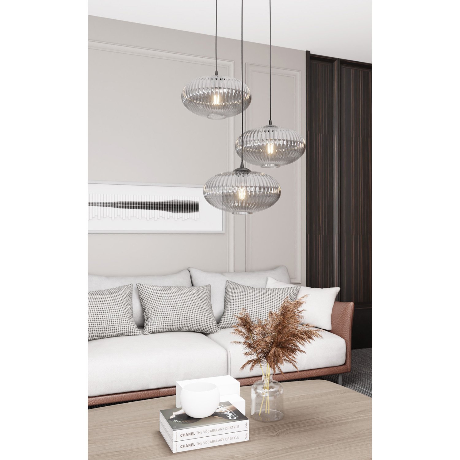 Lampadario 3 Luci Suchos Base Tonda Acciaio Nero Paralume Plissettato Fumè 1377/3PREM