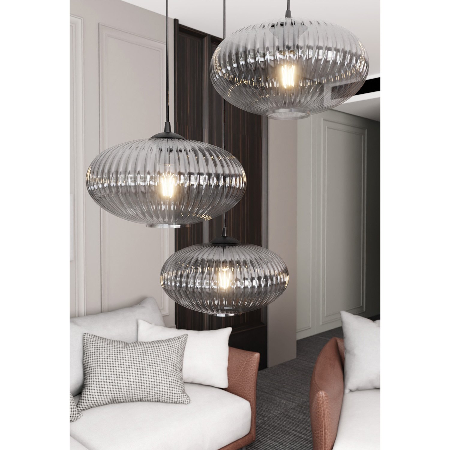Lampadario 3 Luci Suchos Base Tonda Acciaio Nero Paralume Plissettato Fumè 1377/3PREM