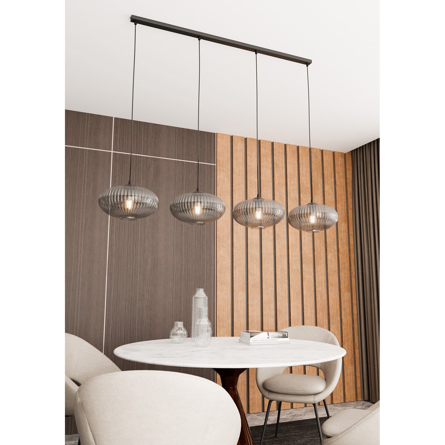 Lampadario 4 Luci Suchos In Acciaio Nero Paralume Plissettato Fumè 1377/4