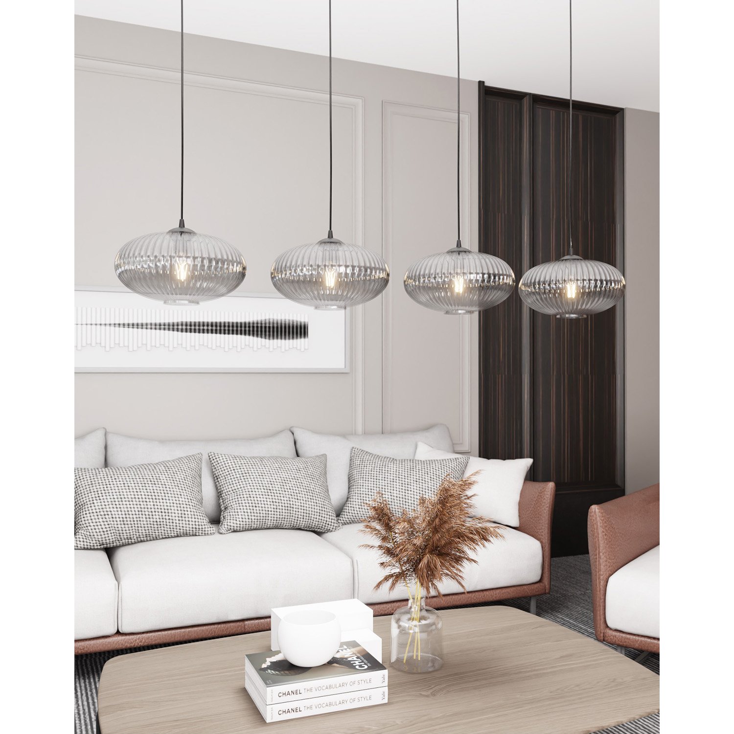 Lampadario 4 Luci Suchos In Acciaio Nero Paralume Plissettato Fumè 1377/4