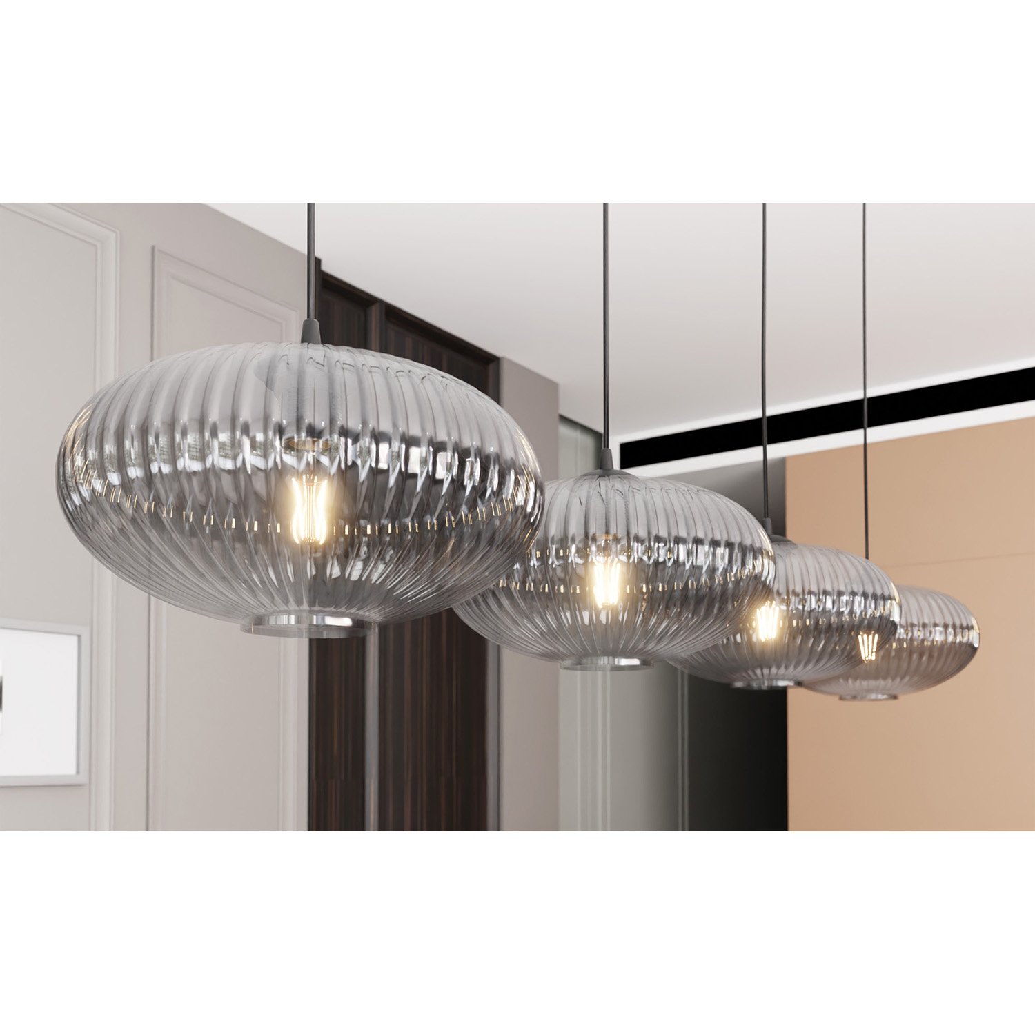 Lampadario 4 Luci Suchos In Acciaio Nero Paralume Plissettato Fumè 1377/4