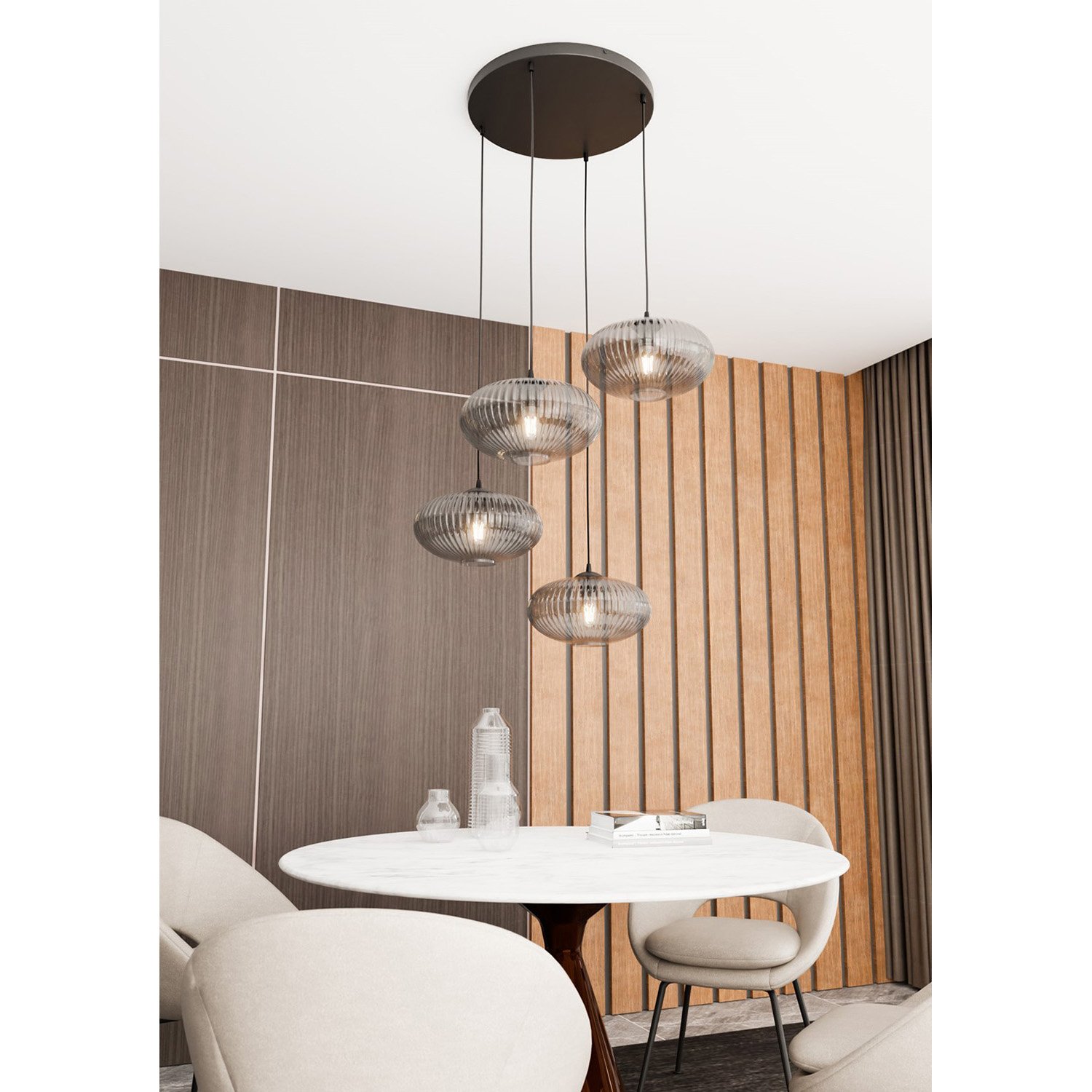 Lampadario 4 Luci Suchos Base Tonda Acciaio Nero Paralume Plissettato Fumè 1377/4PREM