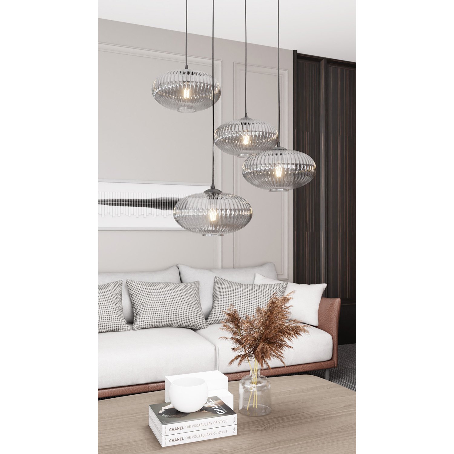 Lampadario 4 Luci Suchos Base Tonda Acciaio Nero Paralume Plissettato Fumè 1377/4PREM